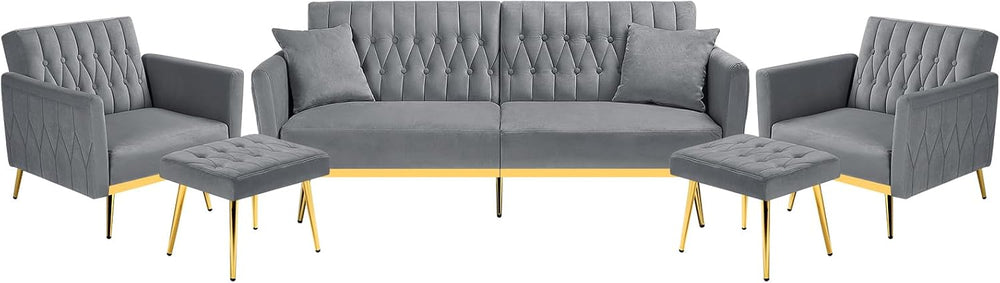 3 Pieces Velvet Sofa Set w/Adjustable Armrest &Backrest,Grey