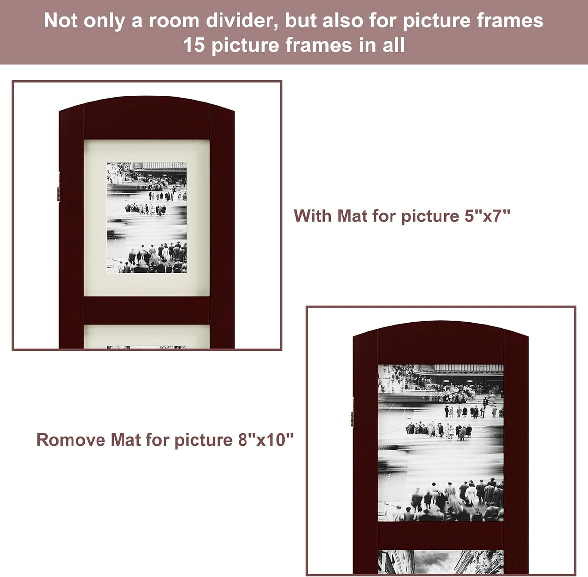 SZQINJI 3 Panel Photo Room Divider Screen, Walnut