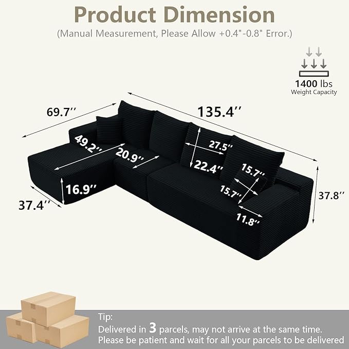 135" Modular Sectional Couches for Living Room, Comfy L Shaped Cloud Couch with Chaise Lounge, Modern Cozy Corduroy Deep Seat Floor Sofa, Memory Foam, No Assembly Required, Black