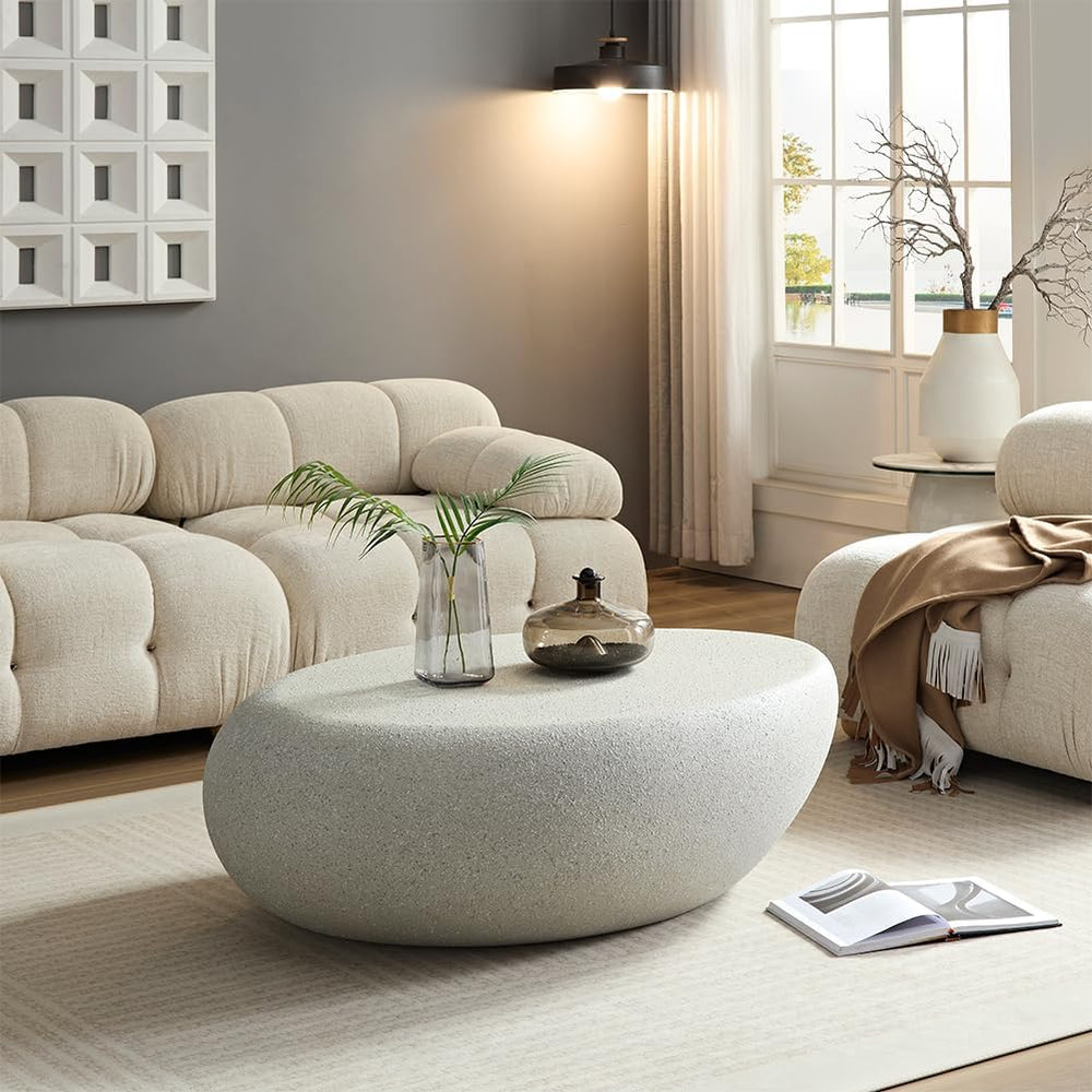 Oval Coffee Table, Faux Stone Center Table, No Assembly