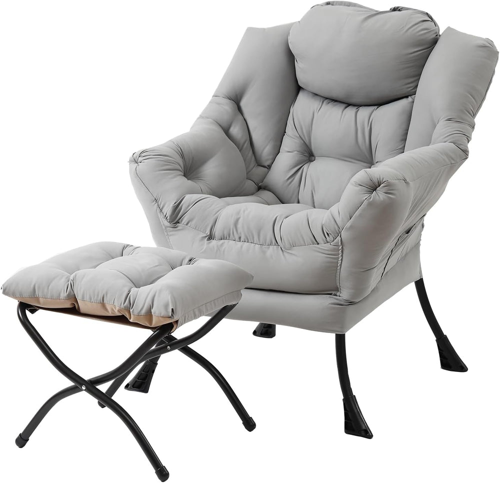 Welnow Lazy Chair with Ottoman, Reading Chair with Footrest,Soft Gray