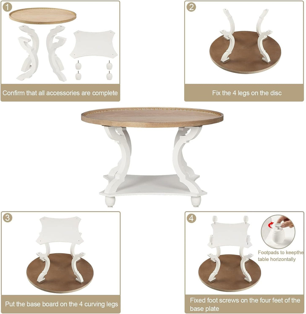 Wnutrees Farmhouse Round Coffee Table, Wood Tray Top with Storage Shelf