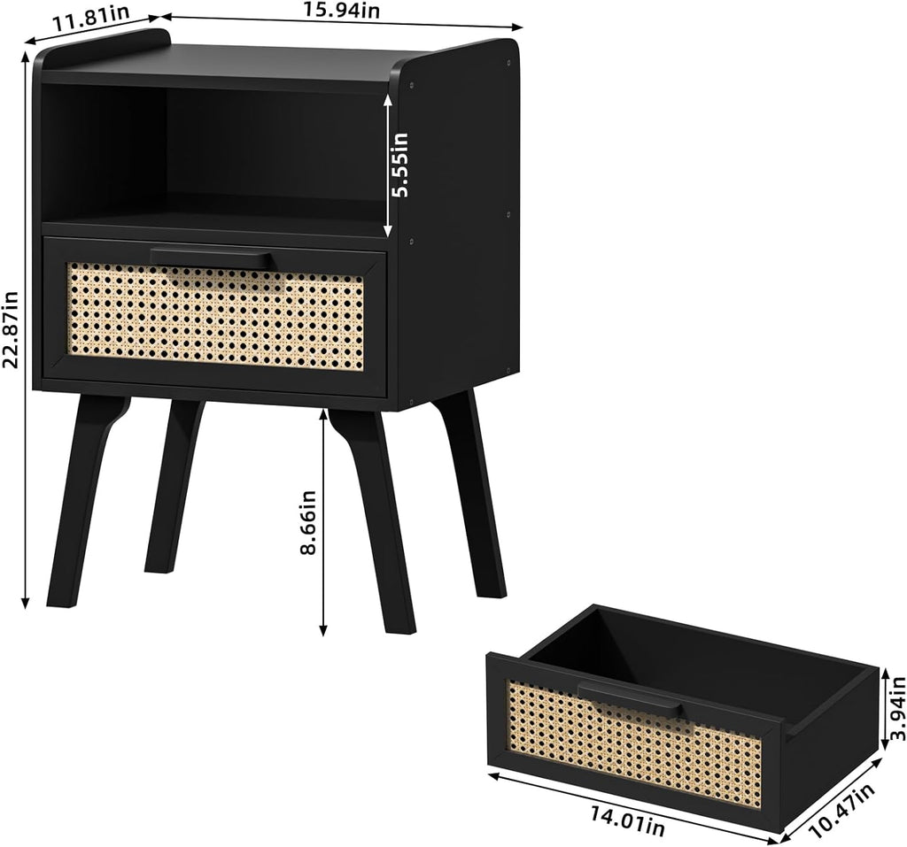 Lerliuo Rattan Nightstands Set of 2, Bedside Table with Drawer Open Shelf
