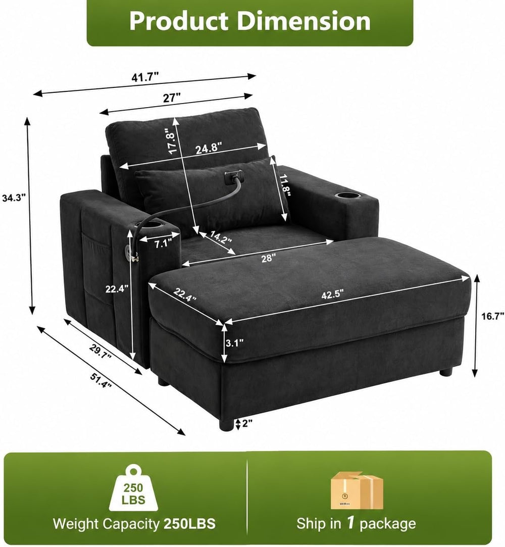52" Boneless Chaise Lounge, Oversized Reading Chair with Ottoman, Dark Grey
