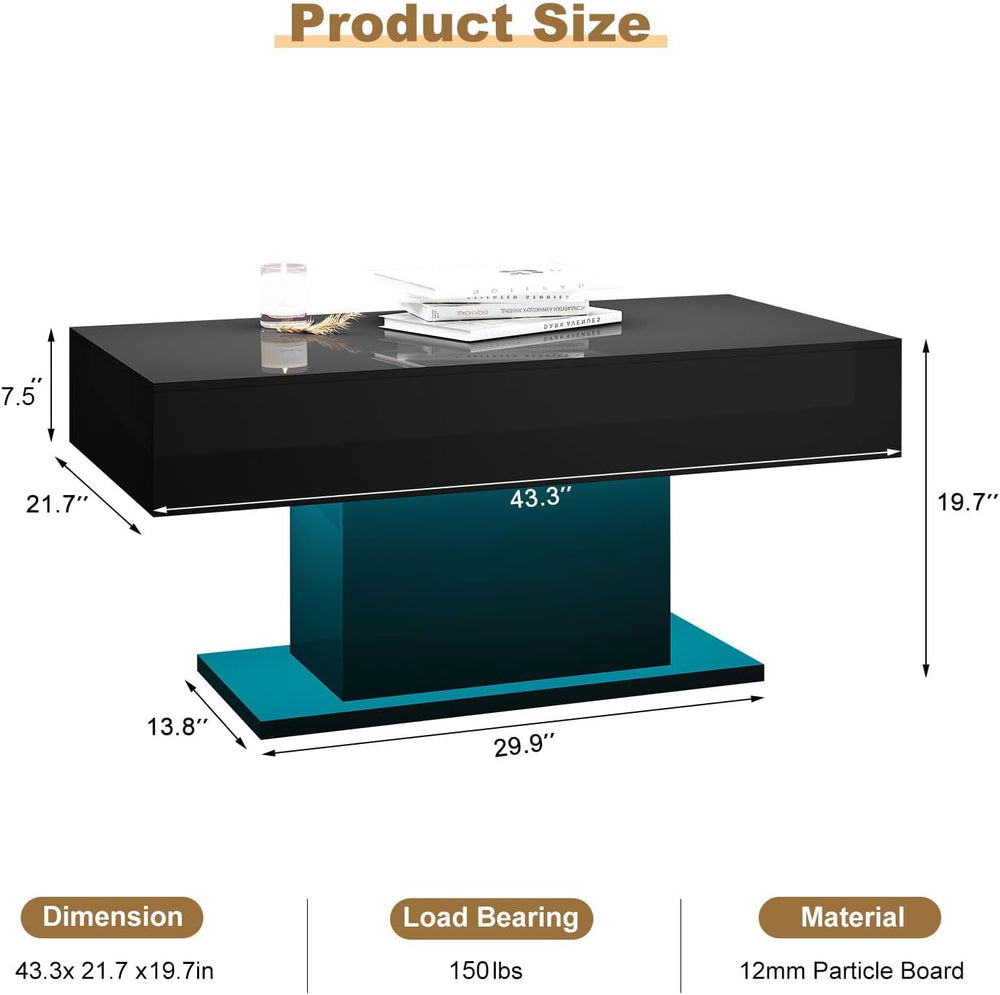 HedoAjim Black Led Coffee Table for Living Room, Rectangular Center Table