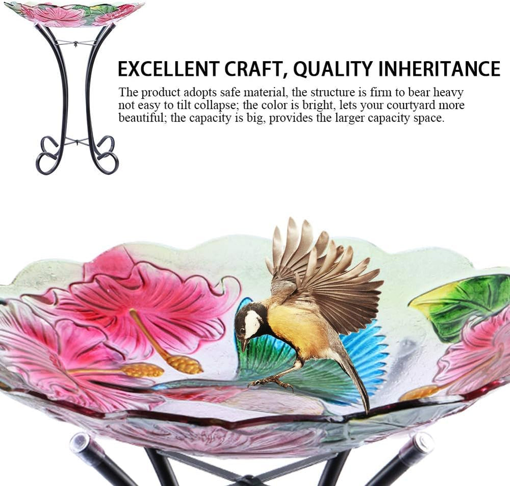 MUMTOP Outdoor Glass Birdbath with Metal Stand for Garden Hummingbird Decor