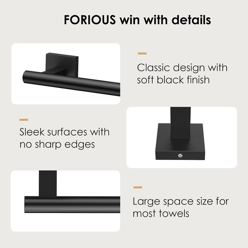 FORIOUS Towel Bar, 24 Inch Towel Racks for Bathroom Square Matte Black