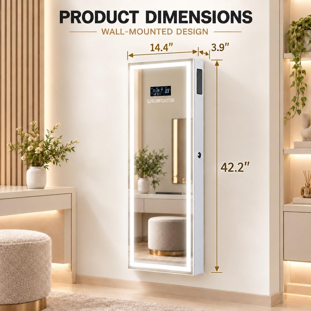 LED Mirror Jewelry Cabinet, Bluetooth Speaker, Full Length Mirror, White