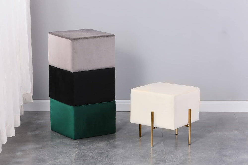 Kirpi Cream Velvet Foot Stool Set of 2, Modern Vanity Ottoman Stools with Gol...