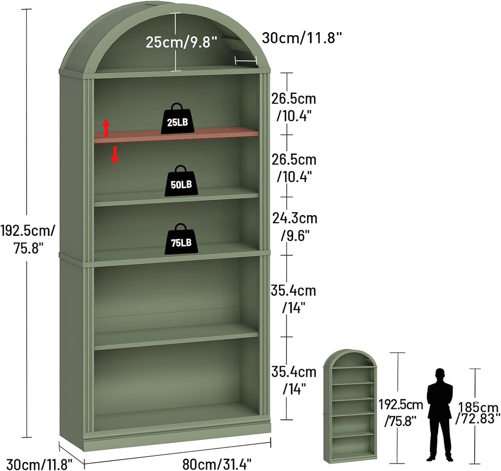 RALGEND Arched Bookshelf, 75.8" Tall Arch Bookcase with Storage