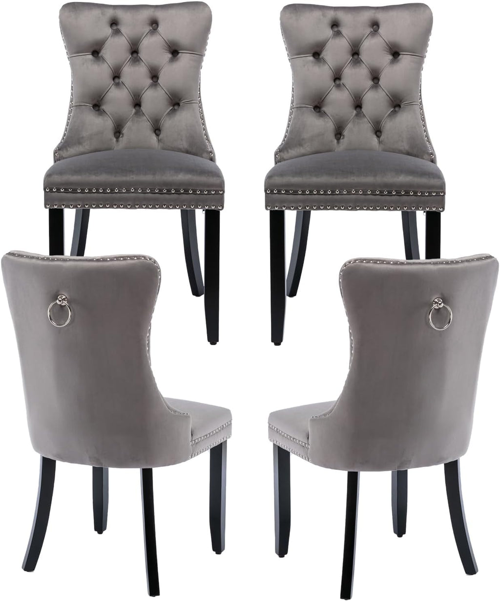 Grey Velvet Dining Chairs Set of 4, Tufted Back with Ring Pull