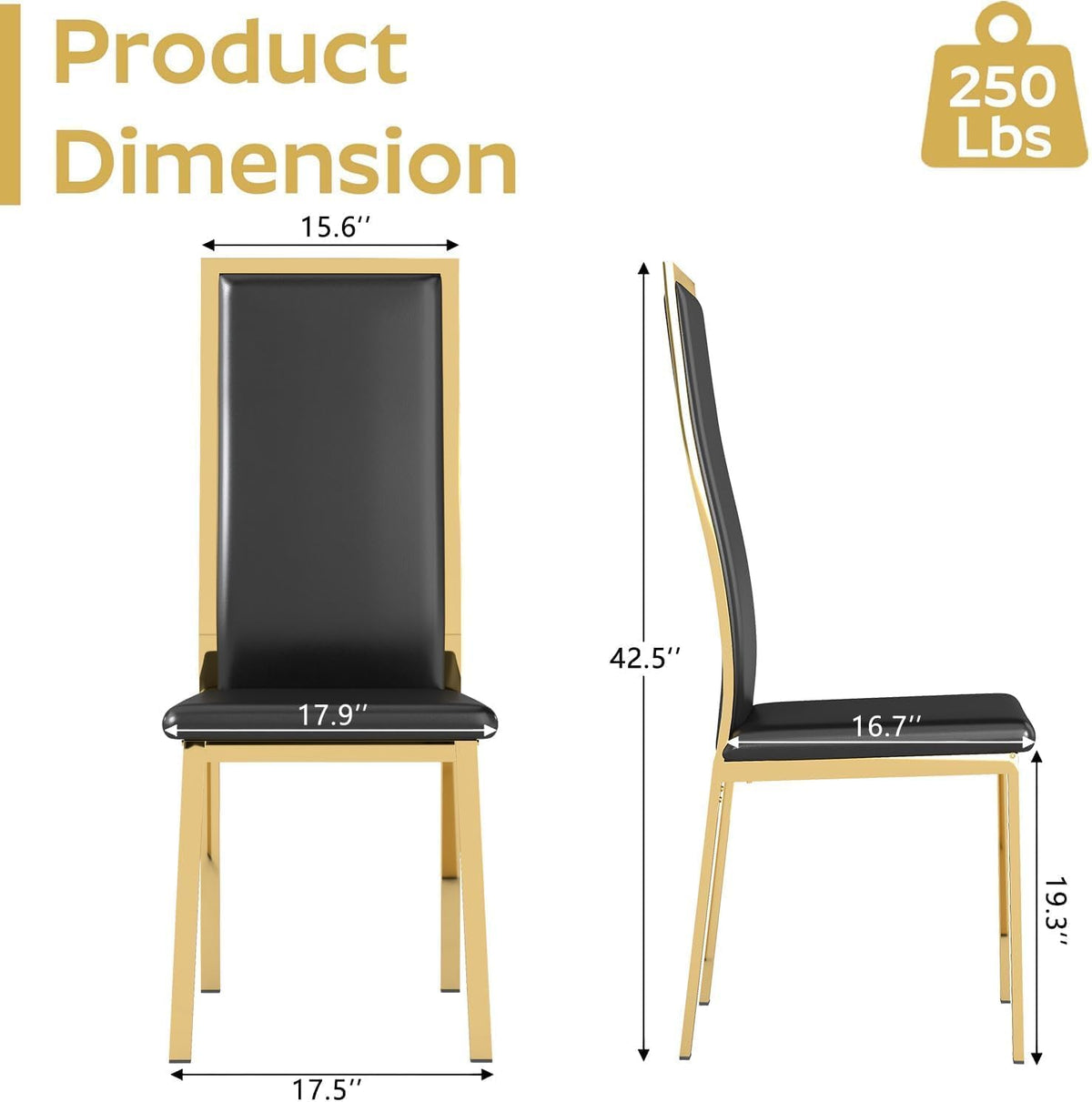 Modern Dining Chairs Set of 2, Black Faux Leather with Chrome Gold Metal Legs, Curved High Back Design & Cloud Cushioning, Mid-Century Kitchen Chairs with Non-Slip Feet (Easy Assembly)