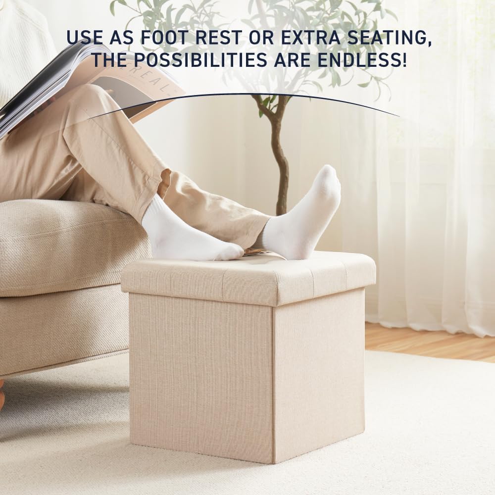 Ornavo Home 2 Pack 15 Inch Folding Storage Ottoman Cube, Linen, Beige