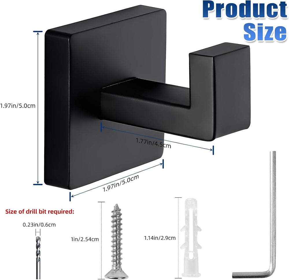 Matte Black Towel Hooks for Bathrooms, Heavy Duty Wall Mounted Stainless Stee...