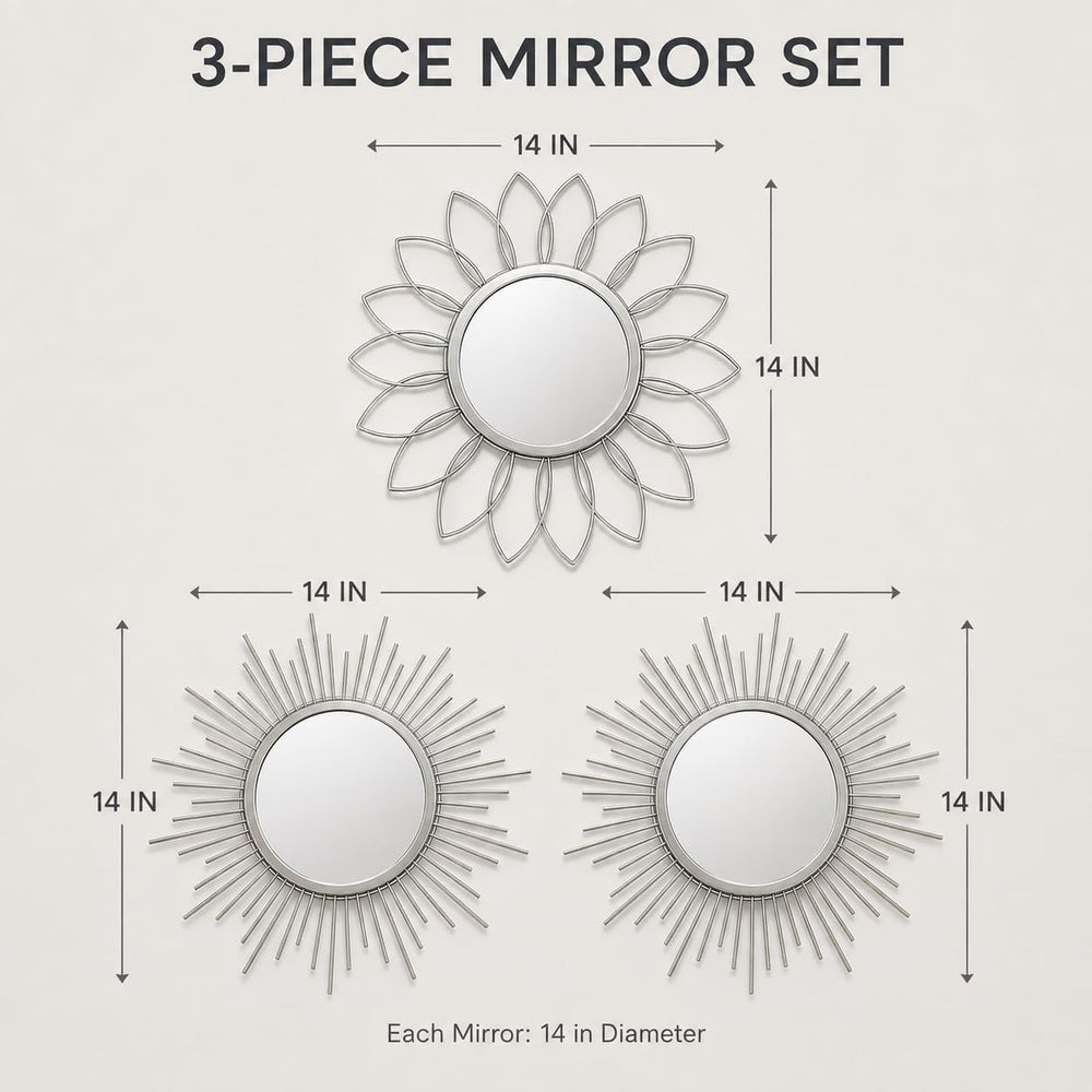 Silver Sunburst Mirror 14x14 Inch, Decorative Wall Accent with Metal Frame, S...