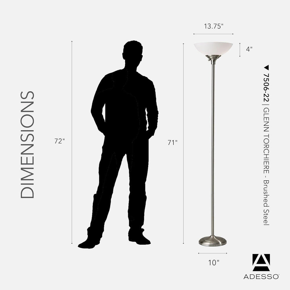 Adesso Dual-Socket Floor Lamp, Brushed Steel & White, 3-Way, 71”