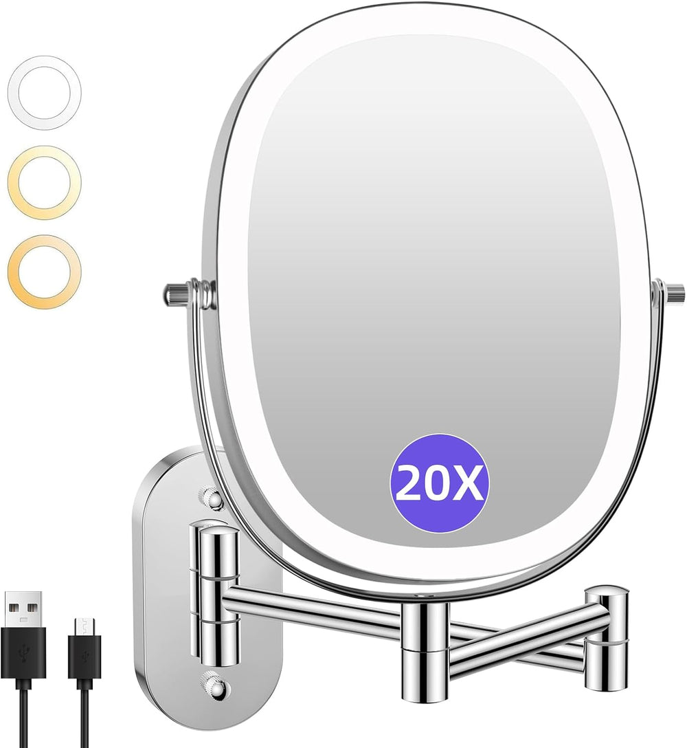 FUNTOUCH 5000mAh Rechargeable Wall Mounted Lighted Makeup Mirror, Chrome