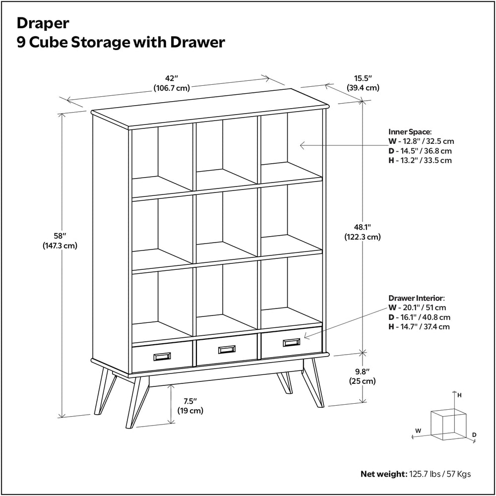 SIMPLIHOME Draper 58" Tall Solid Wood 9-Cube Bookcase in Teak Brown