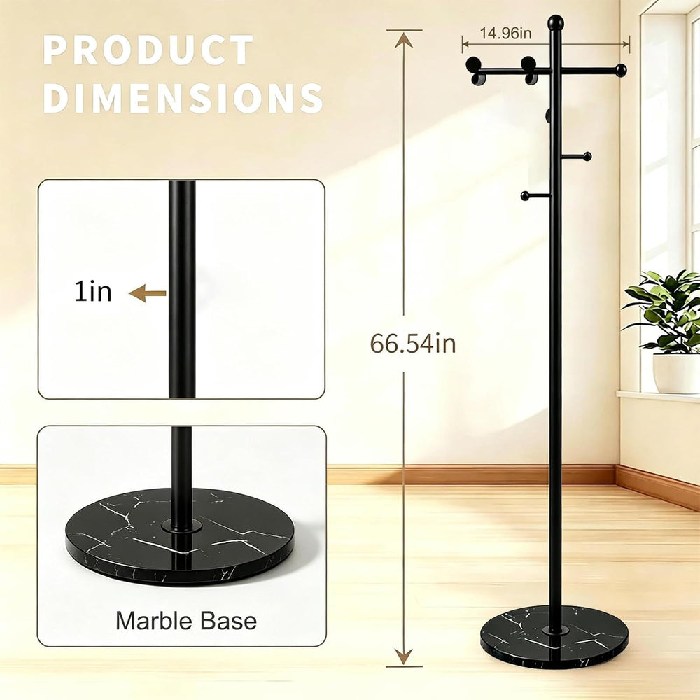 Modern Freestanding Coat Rack, with Marble Base and 8 Hooks