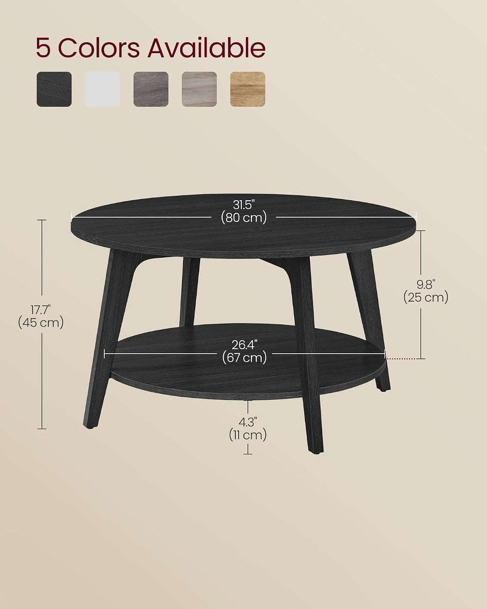 VASAGLE Round Coffee Table, 2-Tier Center Table with Storage, Tapered Legs