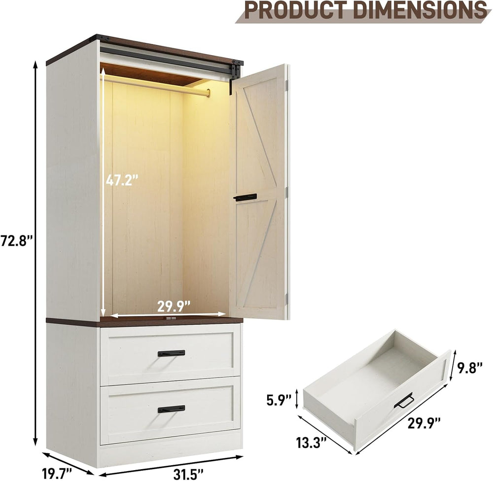2 Doors Armoire Wardrobe Closet w/ Folding Sliding Barn Door,Antique White