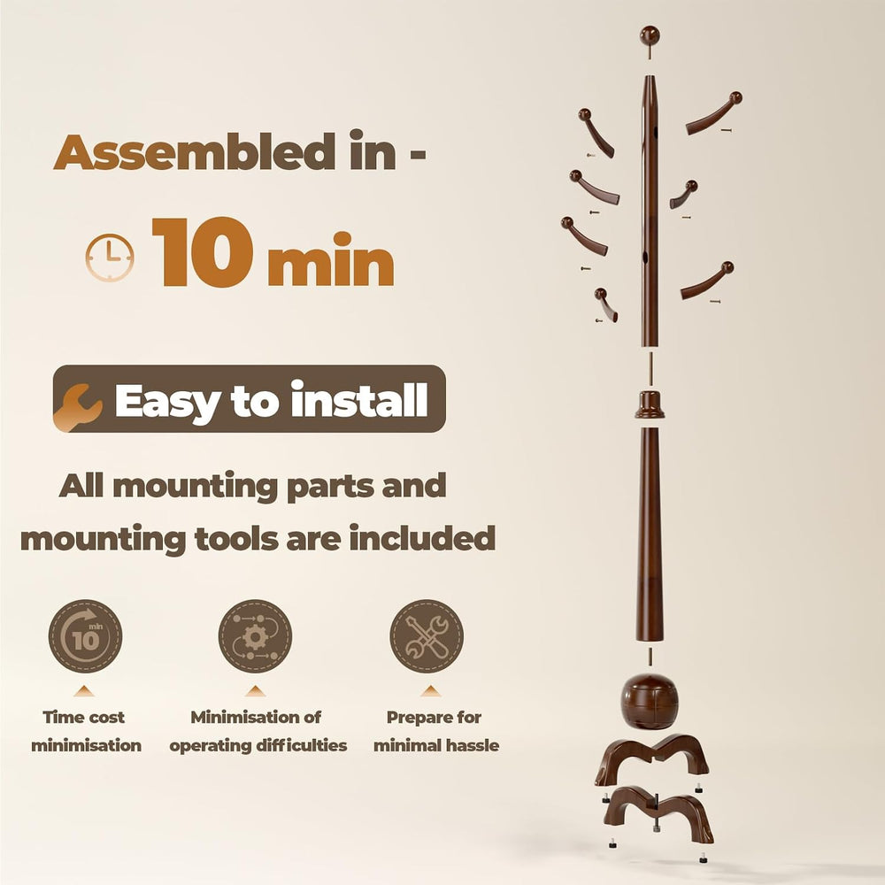 Coat Rack Freestanding with 8 Hooks, Wooden Coat Tree, Walnut