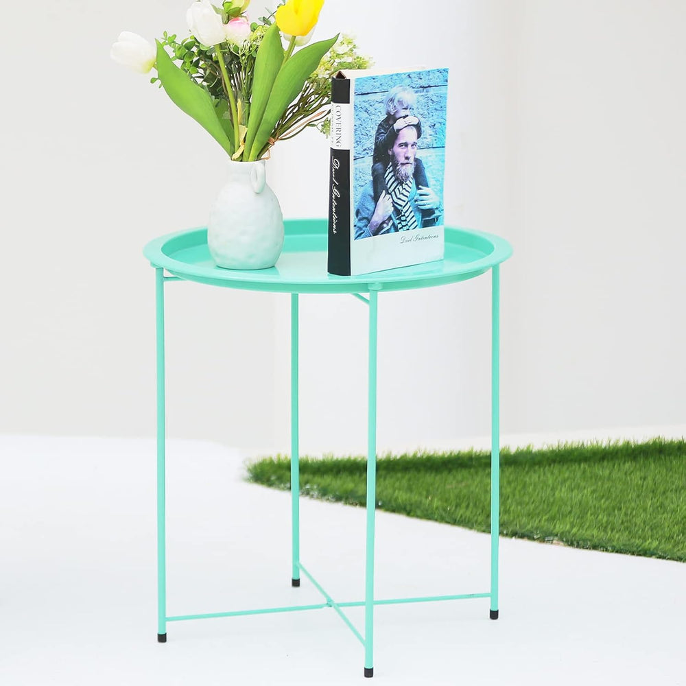 Garden 4 you End Table Metal Side Table Green Round Folding Tray Cyan Sofa Sm...