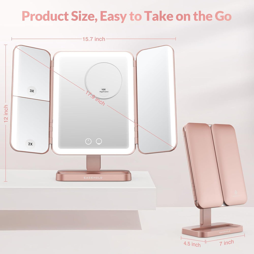 EASEHOLD Trifold Lighted Makeup Vanity Mirror with Lights and Magnification