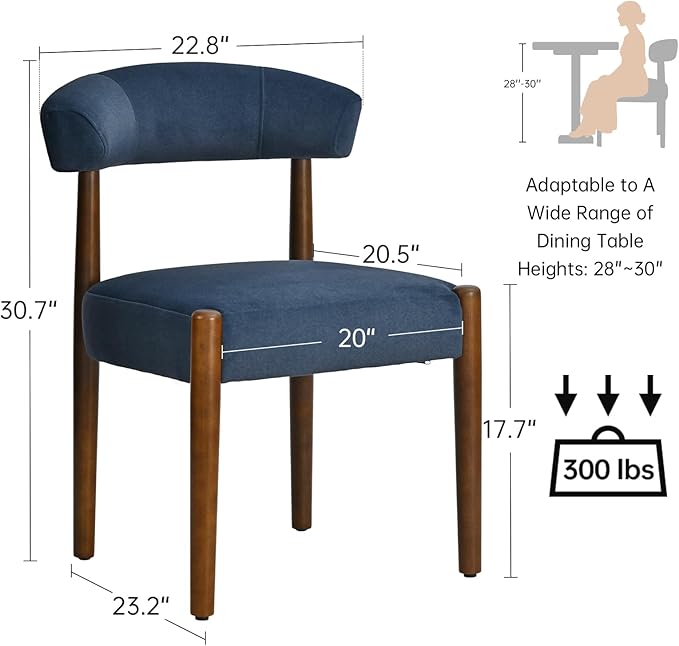 VKNOW Wooden Dining Chairs Set of 4, Modern Upholstered Dining Room Chairs with Walnut Wood Legs and Curved Backrest, Fabric Kitchen Chairs for Farmhouse/Dining Room, Blue