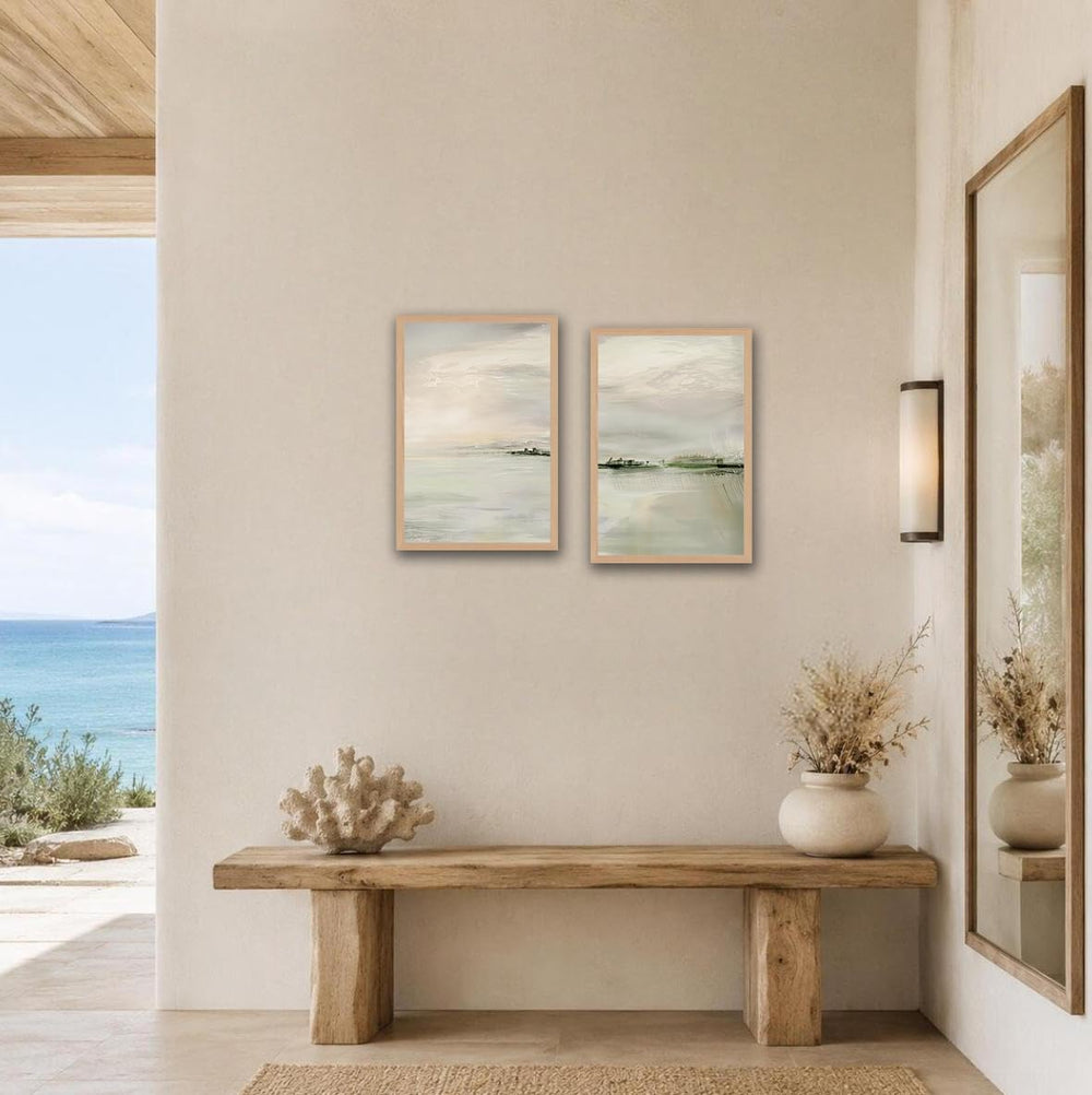 2pcs Framed Sage Green Abstract Wall Art Neutral Lake View