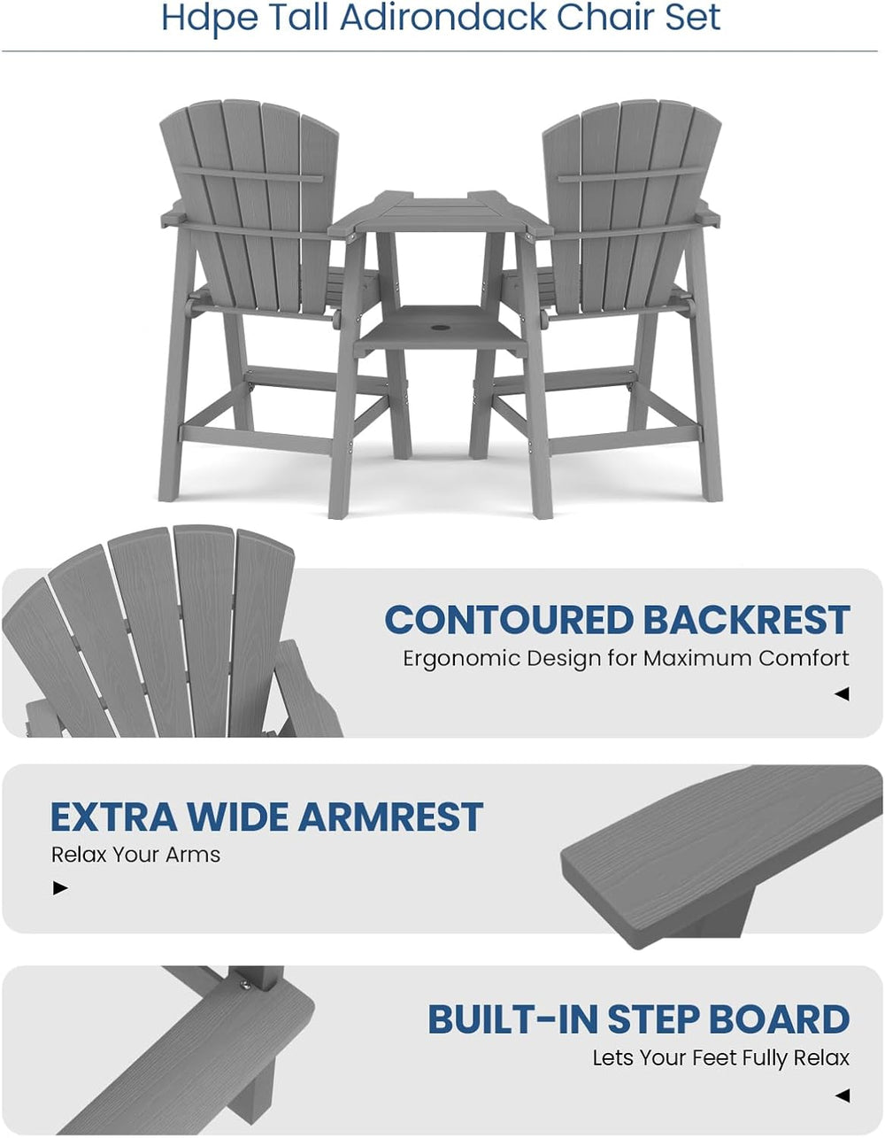 Ciokea Tall Adirondack Chairs Set of 2 with Connecting Trays, Gray