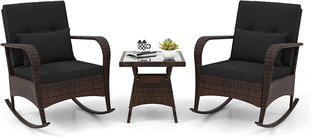 ORALNER 3 Pieces Outdoor Wicker Rocking Chair, Patio Furniture Set (Black)