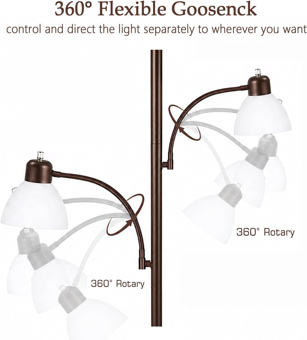 3-Head Torchiere Floor Lamps with 2 Reading Lamp for Living Room-Brown