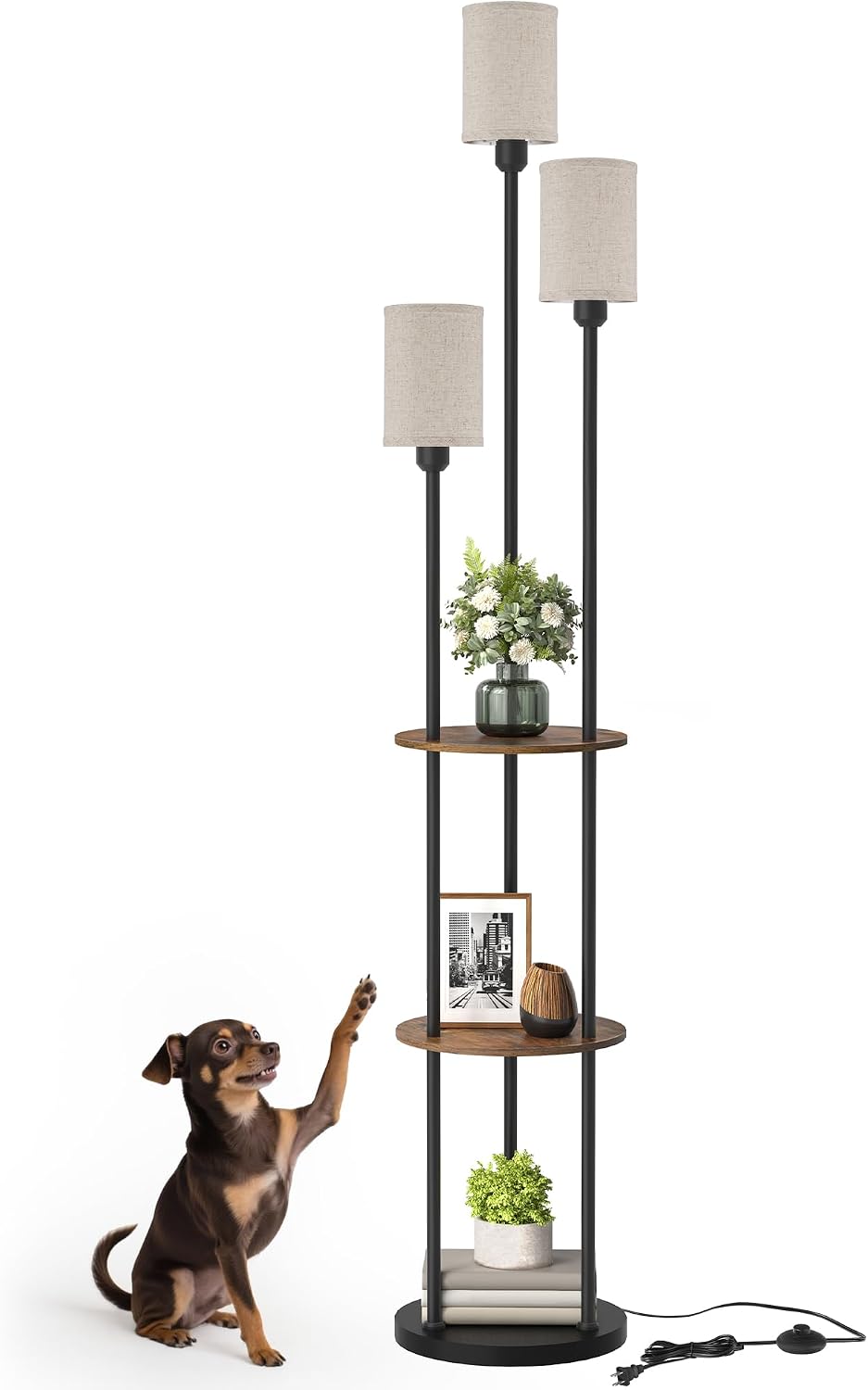 70.9" Floor Lamp with Shelves, Modern Floor Lamp with 3 Linen Shades and...