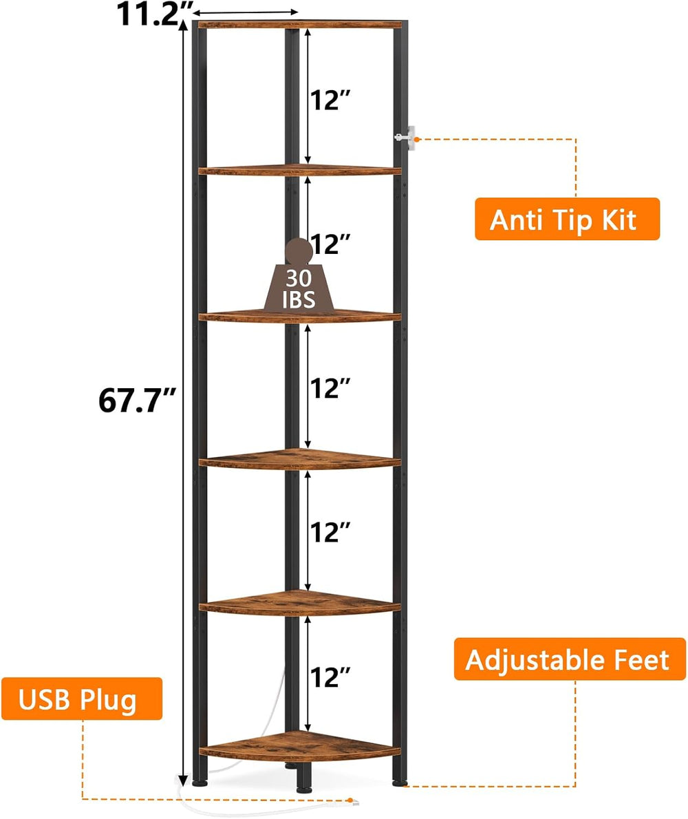 Furnulem 6 Tier Corner Shelf with LED Light, 67.5" Corner Narrow Bookshelf