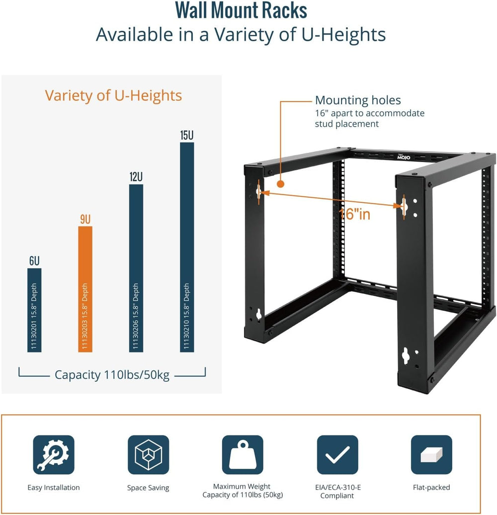 Tecmojo 9U Fixed Wall Mount Network Rack 15.8inch Depth Open Frame for Server...
