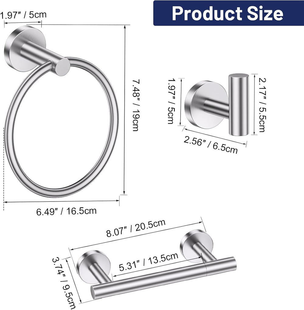 Brushed Nickel Bathroom Hardware Set, Toilet Paper Holder, Towel Ring Hooks