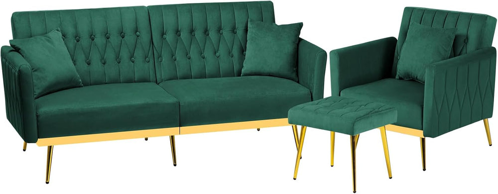 2 Pieces Velvet Sofa Set with Adjustable Armrest and Backrests, Green