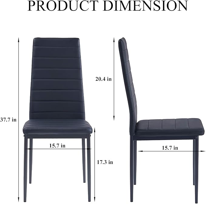 Black PU Dining Chairs Set of 4, Modern Kitchen & Dining Room Chairs Faux Leather Upholstered Dinner Chairs with Metal Legs for Small Space (Black, Horizontal line)