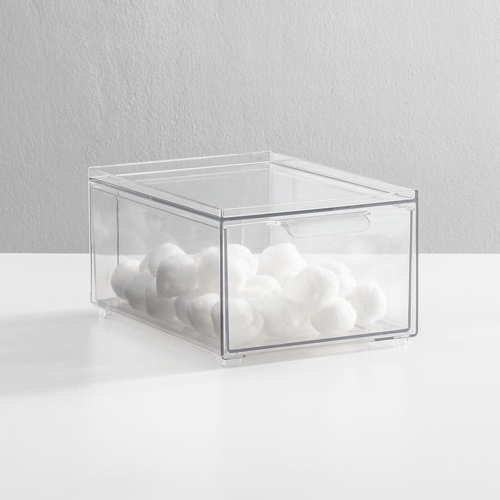 mDesign Plastic Bathroom Organizer Bin w/Pull Out Drawer - Slim Stackable Storage Container for Bathroom Accessories - Perfect for Organizing Bathroom Cabinet - Lumiere Collection - 4 Pack - Clear