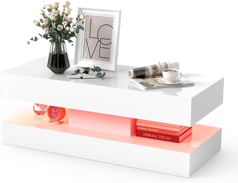 Verano Garden 47" High Gloss LED Coffee Table, Large Storage Center Table
