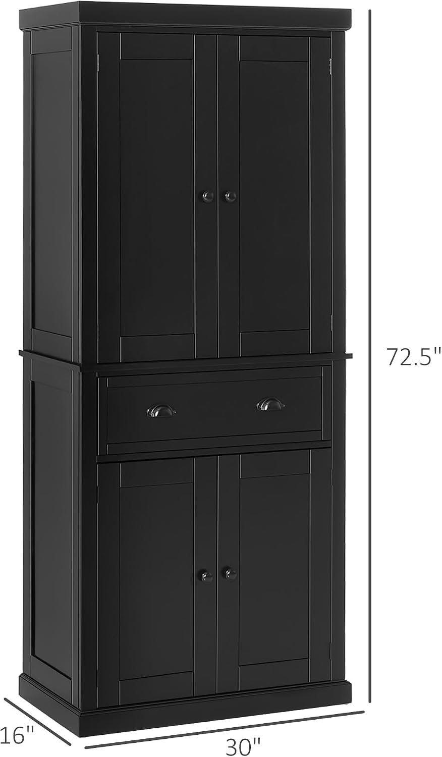 HOMCOM 72.5" Kitchen Pantry Cabinet Freestanding 4 Doors Black