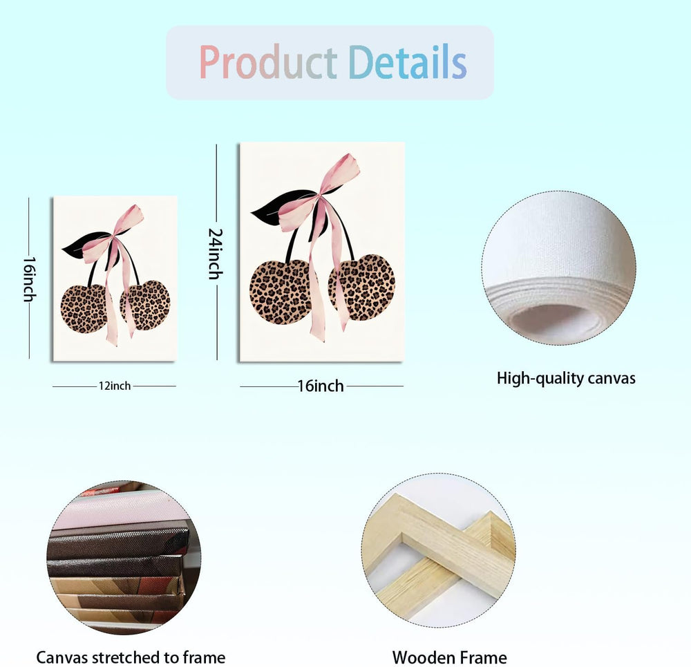 Trendy Pink Leopard Bow Canvas Wall Art Set of 3 Funky Cherry Lucky 8 Ball Po...