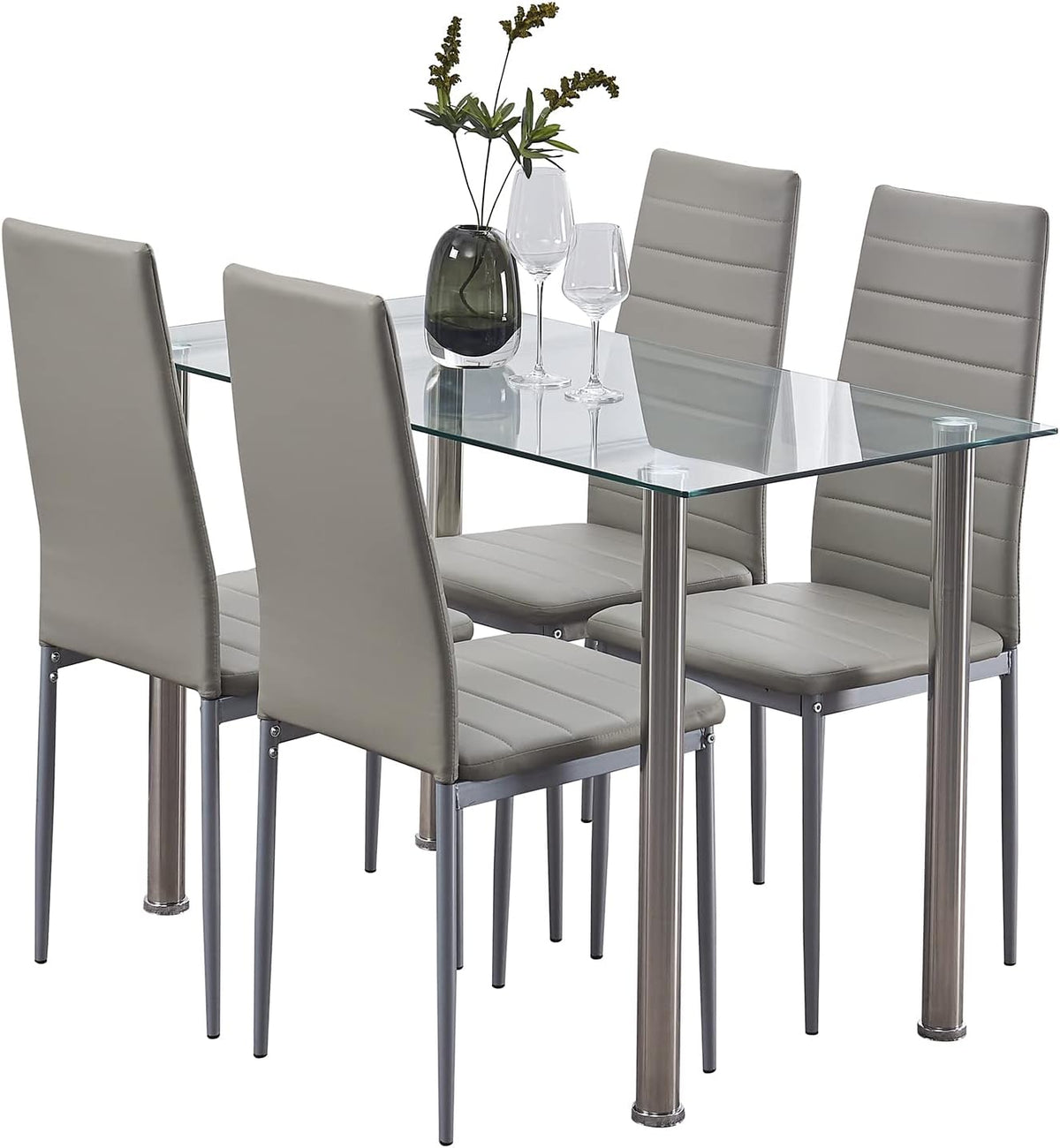Dining Table Set for 4, 5 Piece Kitchen Table and Chairs for Dinette, Apartment, Compact Space-Saving w/Tempered Glass Tabletop and 4 Upholstered Chairs, Clear/Silver+Gray