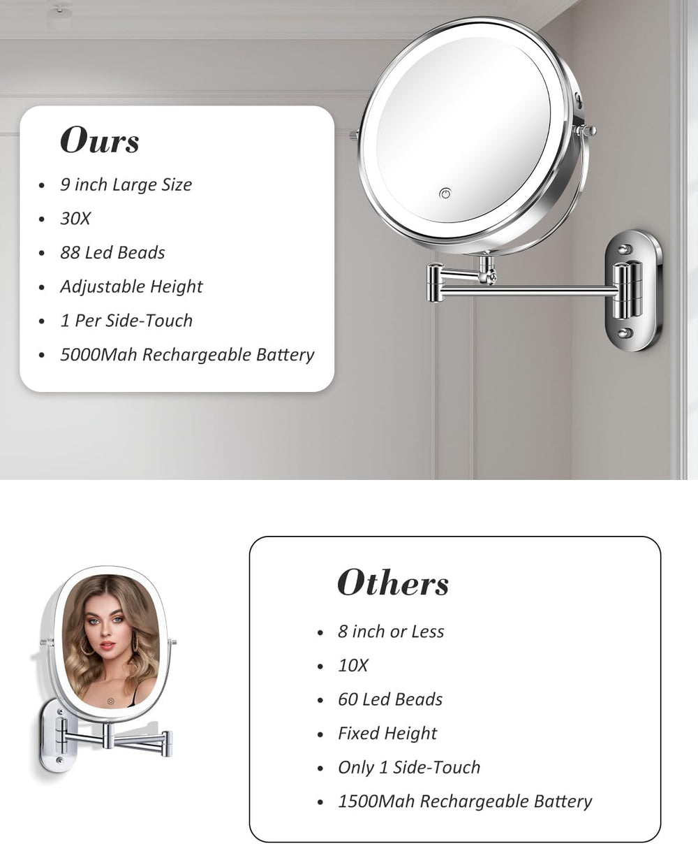 9'' 30X/1X Wall Mounted Height Adjustable Lighted Magnifying Makeup M...