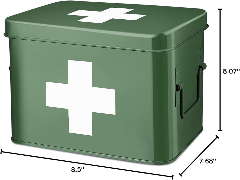Flexzion Large Metal First Aid Box Empty, 8.5-Inch, Green with White Cross