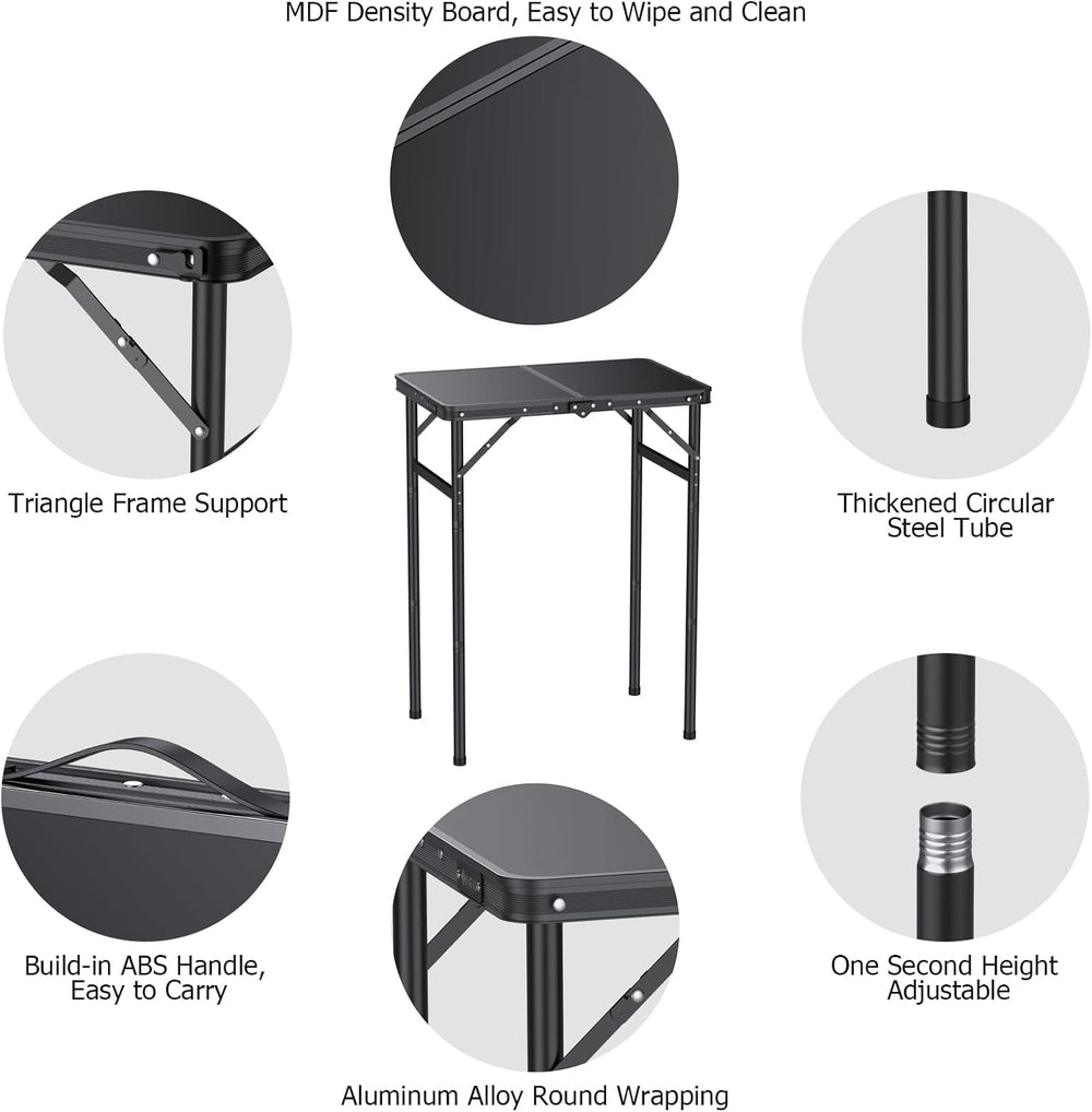 JiGiU Folding Camping Table MDF Desktop, 3 Adjustable Height-Max 29"
