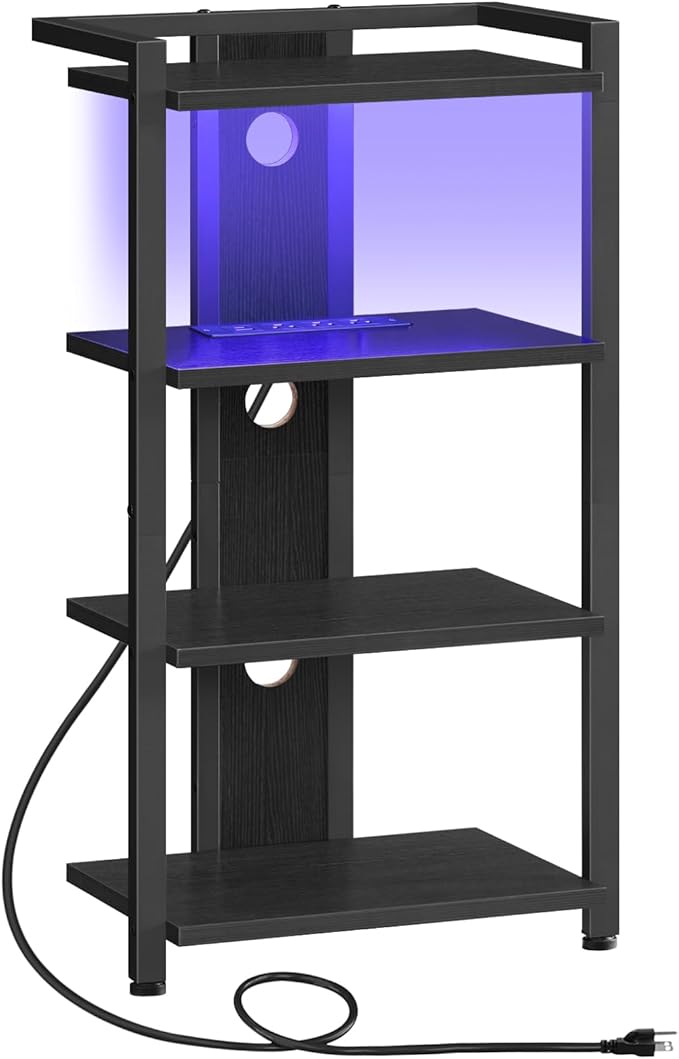 HOOBRO 4-Tier AV Media Stand with Charging Station and LED Light, Wooden Stereo Stand, Rack Audio Tower, Corner TV Stand, Entertainment Device, Black BB38UDCJ01