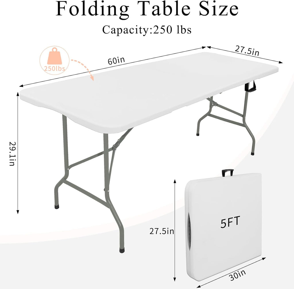 Set of 2 Folding Tables with Carrying Lightweight Rectangular Portable Plastic Camping Table Steel Legs for Party, Dining, Wedding, Events, Picnic, Outdoor (5FT, White)