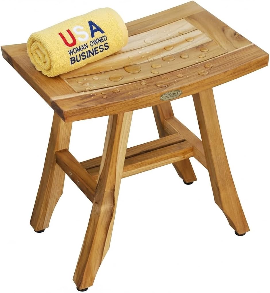 EcoDecors Satori 18-Inch Natural Teak Shower Stool, Waterproof